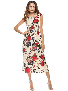 Travel Look A-line Round Neck Floral Print Floral Dresses (Style V200764)