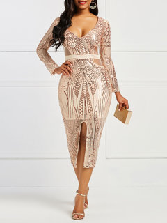 Sexy Bodycon V-neck Plain Cut Out Bodycon Dresses (Style V200775)