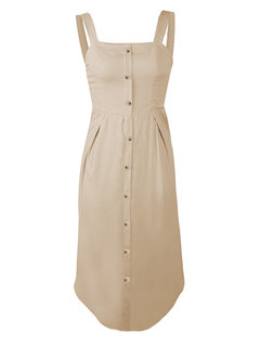 Basic Asymmetrical Spaghetti Strap Plain Button Knee Length Dresses (Style V200791)