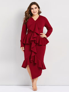 England Asymmetrical V-neck Plain Asymmetrical Knee Length Dresses (Style V200792)