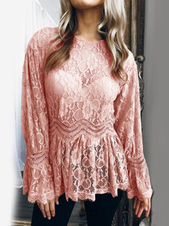 Round Neck Midi Slim Plain Lace Blouse (Style V200795)