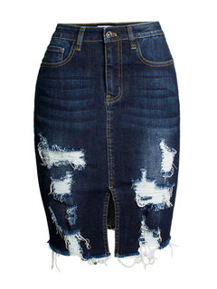 Knee Length Bodycon Western Denim Plain Skirt (Style V200797)