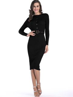 Elegant Pencil Round Neck Plain Belt Knee Length Dresses (Style V200798)