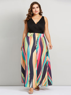 Western Expansion V-neck Color Block Polyester Maxi Dresses (Style V200803)