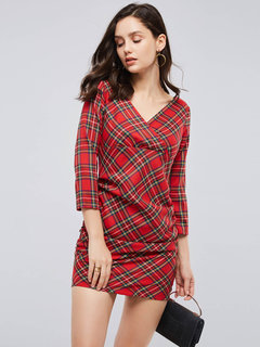 Office Bodycon V-neck Plaid Backless Work Dresses (Style V200811)