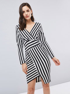 Office Asymmetrical V-neck Striped Asymmetrical Knee Length Dresses (Style V200812)
