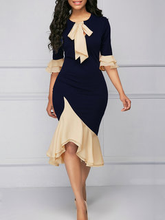 Office Mermaid Bow Collar Color Block Asymmetrical Work Dresses (Style V200815)