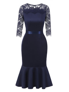 Elegant Mermaid Round Neck Patchwork Knee Length Dresses (Style V200820)