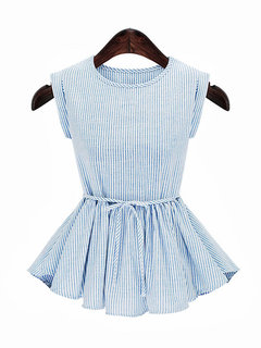 Round Neck Loose Elegant Striped Cotton Blouse (Style V200831)