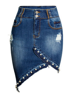 Knee Length Asymmetrical Western Asymmetrical Denim Skirt (Style V200834)