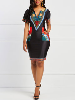 Tribal Bodycon V-neck Geometric Print Knee Length Dresses (Style V200846)