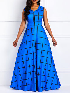 Western Expansion V-neck Plaid Zipper Maxi Dresses (Style V200851)