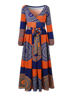 Travel Look Expansion V-neck Color Block Print Maxi Dresses (Style V200861)