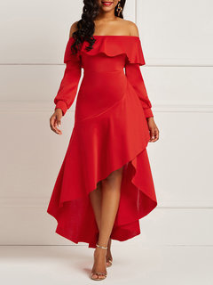 Western Asymmetrical Plain Backless Polyester Maxi Dresses (Style V200868)