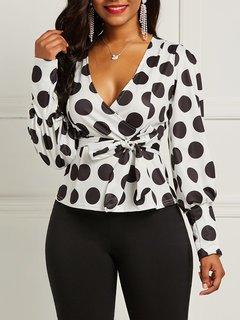 V-neck Slim Polka Dot Polyester Pattern Blouse (Style V200875)