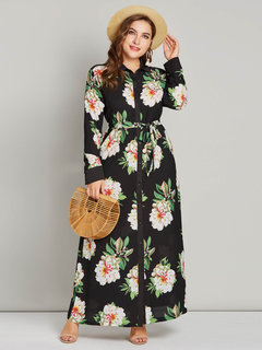 Muslim Expansion Lapel Floral Polyester Maxi Dresses (Style V200876)