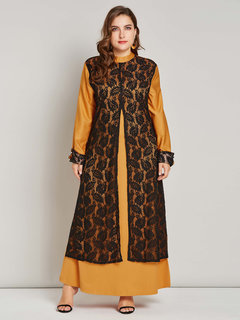 Muslim Stand Collar Floral Patchwork Polyester Maxi Dresses (Style V200877)