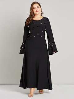 Sweet Expansion Round Neck Plain Beaded Maxi Dresses (Style V200878)