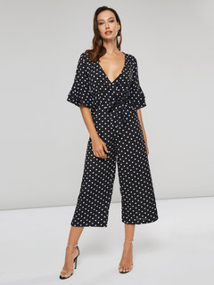 Mid-Calf Slim Vintage Polka Dot Patchwork Jumpsuit (Style V200890)
