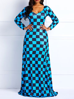 Western Expansion V-neck Plaid Print Maxi Dresses (Style V200894)