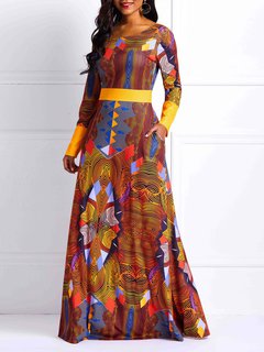 Western Expansion Round Neck Geometric Backless Maxi Dresses (Style V200896)