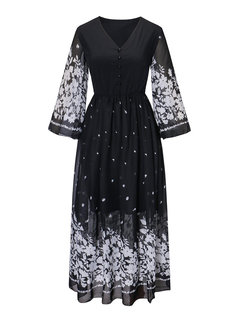 Travel Look Expansion V-neck Floral Print Maxi Dresses (Style V200902)