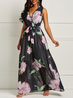 Travel Look V-neck Floral Print Chiffon Maxi Dresses (Style V200904)