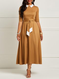 England Pleated Polo Neck Patchwork Polyester Work Dresses (Style V200913)