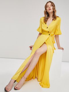 Expansion V-neck Plain Ruffle Polyester Maxi Dresses (Style V200915)