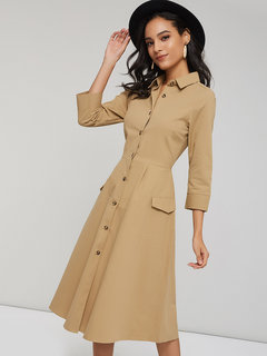 Casual A-line Polo Neck Patchwork Cotton Blends Casual Dresses (Style V200918)