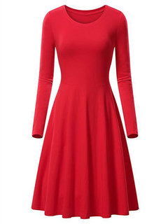 Basic Expansion Round Neck Plain Cotton Blends Midi Dresses (Style V200924)