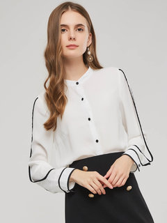 Stand Collar Slim Casual Color Block Patchwork Blouse (Style V200927)