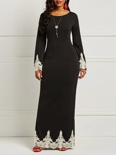 Western Straight Round Neck Plain Patchwork Maxi Dresses (Style V200931)