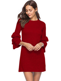 Elegant Straight Round Neck Plain Cascading Ruffle Mini Dresses (Style V200934)