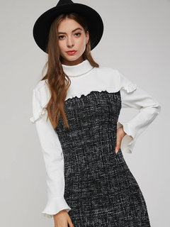 Date Night Straight Turtleneck Color Block Patchwork Mini Dresses (Style V200935)