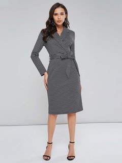 Office Bodycon Notched Striped Belt Knee Length Dresses (Style V200949)