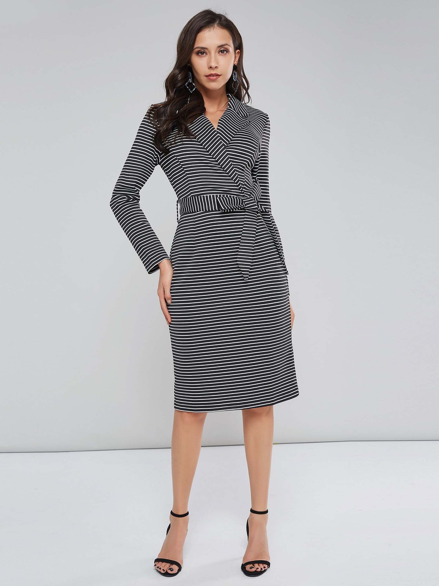Black Office Bodycon Notched Striped Belt Knee Length Dresses (Style ...