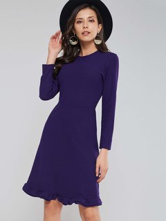 Basic Round Neck Plain Wavy Edge Cotton Blends Knee Length Dresses (Style V200950)