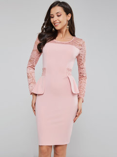 Office Bodycon Round Neck Patchwork Knee Length Dresses (Style V200960)