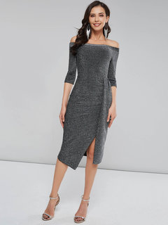 Sexy Bodycon Off The Shoulder Plain Ruffle Knee Length Dresses (Style V200962)