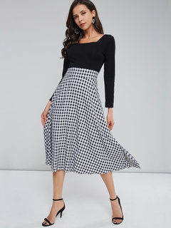 Western A-line Square Neck Plaid Patchwork Midi Dresses (Style V200979)