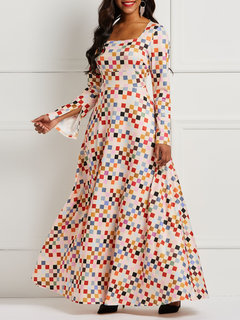 Western Expansion Square Neck Plaid Print Maxi Dresses (Style V200981)