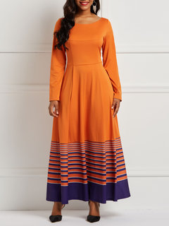 Western A-line Striped Print Midi Dresses (Style V200982)