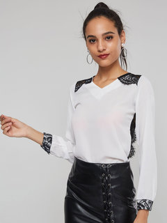 Round Neck Midi Slim Western Patchwork Blouse (Style V200986)