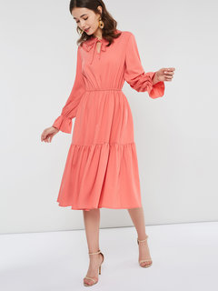 A-line Stand Collar Plain Ruffle Polyester Knee Length Dresses (Style V200987)