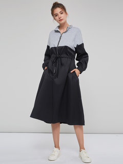 Casual A-line Stand Collar Color Block Patchwork Casual Dresses (Style V200988)