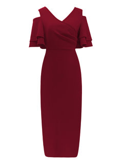 Elegant Bodycon V-neck Plain Cascading Ruffle Bodycon Dresses (Style V200992)