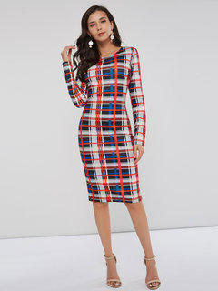 Bodycon Round Neck Plaid Print Polyester Knee Length Dresses (Style V200993)