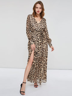 Sexy V-neck Leopard Print Chiffon Maxi Dresses (Style V200994)