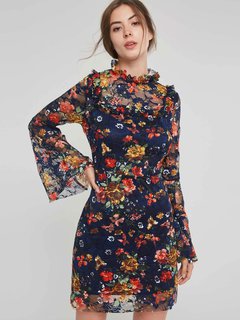 A-line Stand Collar Floral Print Lace Mini Dresses (Style V200995)